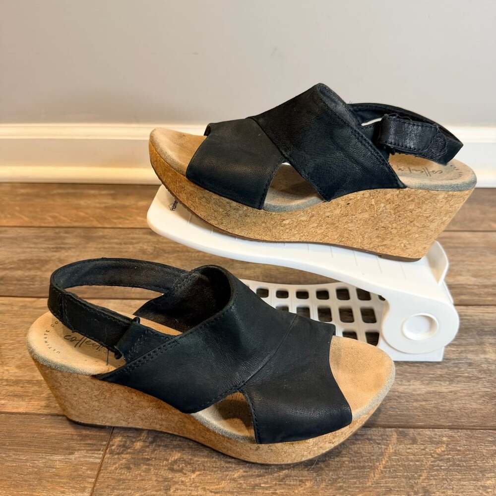 Clarks Artisan Leather Cork Wedge Slide Sandals Black Women's 9